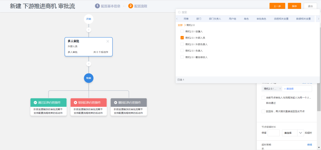 流程及阶段推进器任务处理人，支持选择外部人员。